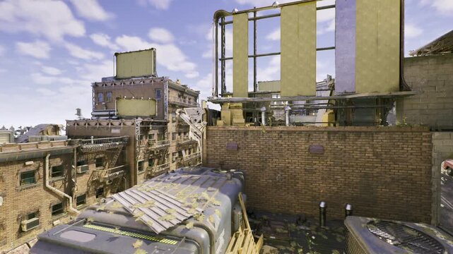 mechanical rooftop arrays under wide blue sky, neat brick parapet and clustered vents, clean metal finishes and structural frames, calm atmospheric light