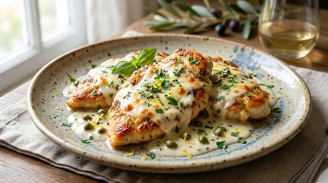 A delicious plate of chicken romano topped with melted cheese, fresh herbs, and a savory caper sauce, served alongside a glass of white wine on a rustic table