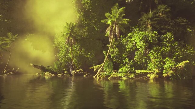 goldenglow islet panorama with warm light bathing palms and shoreline, calm reflective river surface expansive composition showing dense foliage, subtle mist