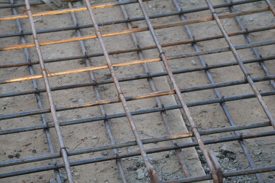 Steel reinforcement framework prepared for concrete foundation ground casting construction
