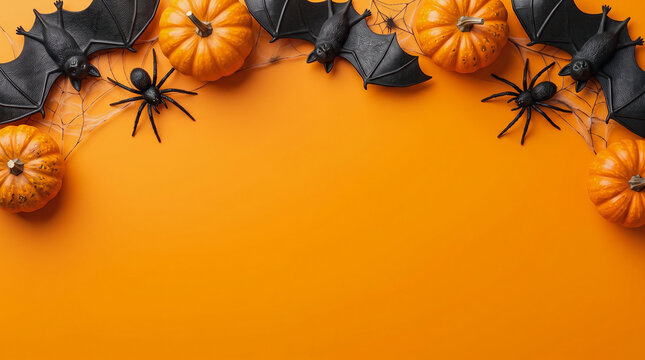 Halloween pumpkins, black bats, spiders and spiderwebs arranged along the top border on an orange background, creating a spooky seasonal frame with clean copy space