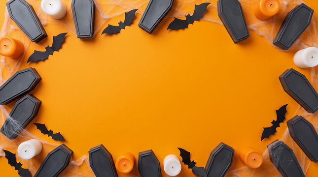 Halloween coffins, black bats, candles and spiderwebs arranged as a spooky border frame on an orange background, creating a dark haunted design with central copy space
