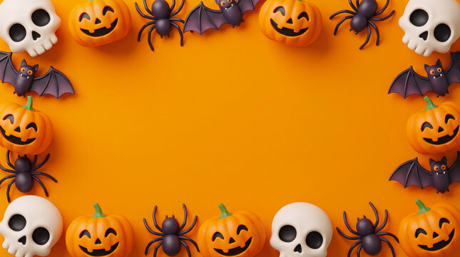 Halloween jack-o'-lantern pumpkins, skulls, spiders and black bats arranged as a spooky border frame on an orange background, creating a creepy horror design with central copy space