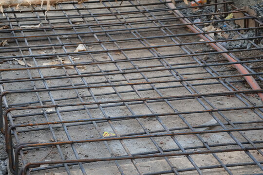 Steel reinforcement framework prepared for concrete foundation ground casting construction
