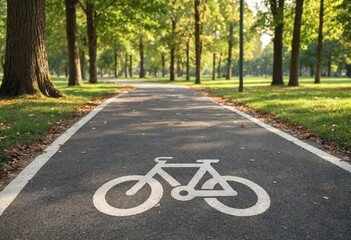 Obraz premium Sunlit winding bicycle lane through a peaceful green park, featuring white bike markings, autumn leaves, fresh asphalt, lush grass, tall trees, and gentle bokeh.