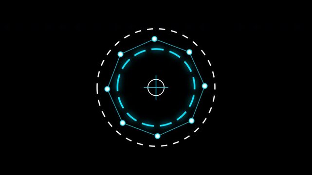 Hud interface circle rotating with glowing blue hex elements in dark cyber space for tech marketing