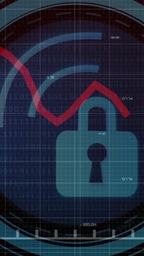 Animation of digital data processing over padlock icon on black background