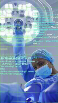 Animation of data processing and shapes over diverse surgeons wearing face masks during surgery