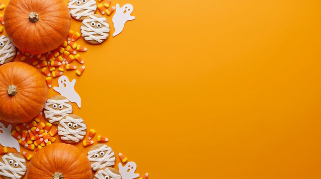 Halloween pumpkins, mummy biscuits, white ghosts and colorful candy arranged along the left border on an orange background, creating a festive spooky frame with generous copy space