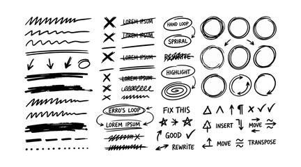 Hand-drawn graphic elements and proofreading marks for editing and design projects © MUHAMMAD