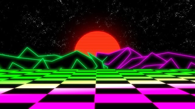 A vibrant 80s-style retro looping wave background animation featuring colorful neon gradients, flowing curves, and nostalgic synthwave vibes. Perfect for dynamic, futuristic, and vintage-inspired visu