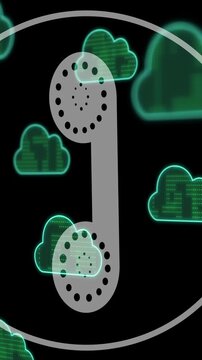 Rotary phone receiver icon animation over green cloud computing symbols