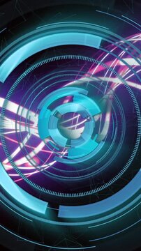 Rotating circular shapes and neon lights animation over dark background