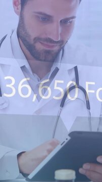 Doctor using tablet with 209,285 Followers animation over