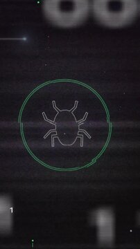 Binary code and bug icon animation over dark background