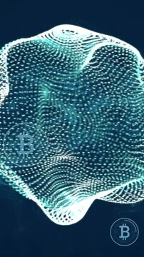 Bitcoin symbols and digital mesh structure, showing cryptocurrency animation