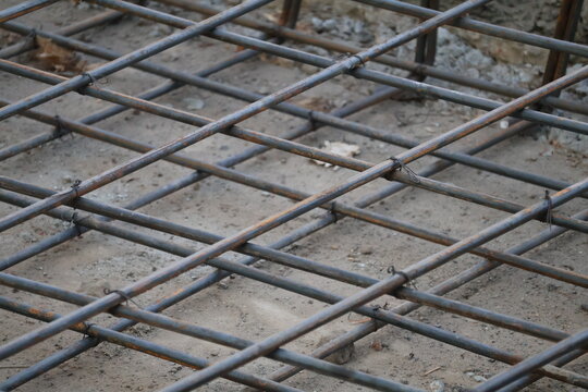 Steel reinforcement framework prepared for concrete foundation ground casting construction