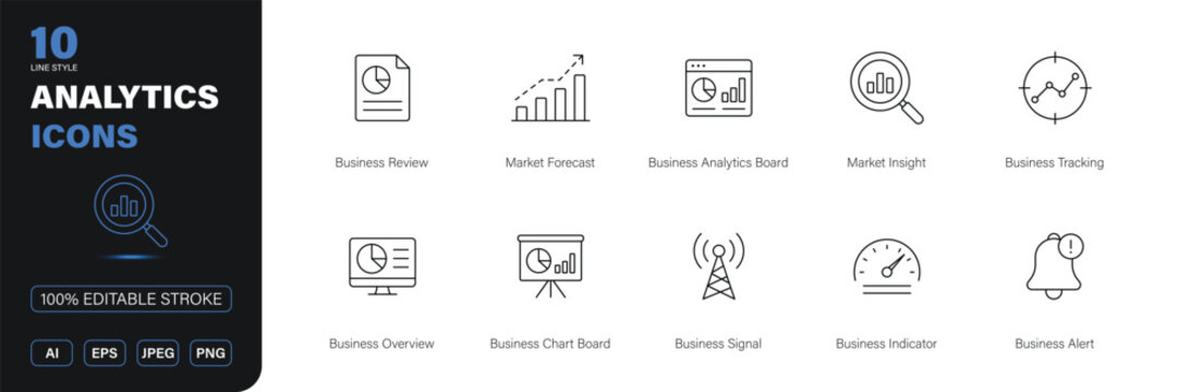 analytics icon line style business data insight dashboard editable stroke vector set