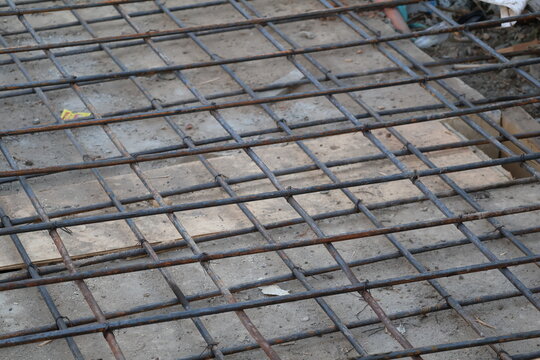 Steel reinforcement framework prepared for concrete foundation ground casting construction