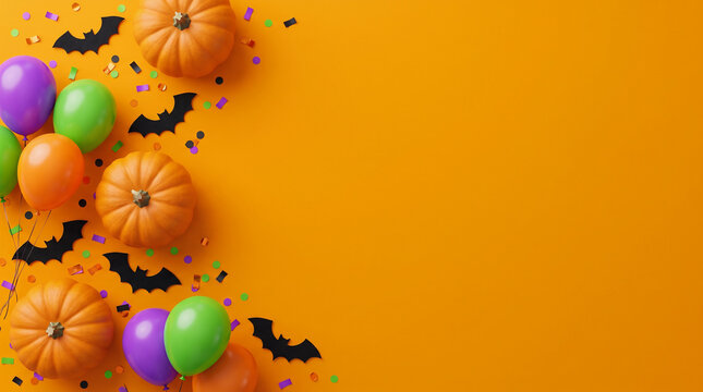 Halloween pumpkins, colorful balloons, black bats and confetti arranged along the left border on an orange background, creating a festive spooky party frame with copy space