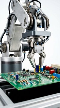 Industrial robotic arm assembling electronic circuit board, precision mechanical gripper, high tech manufacturing process, futuristic automated production line