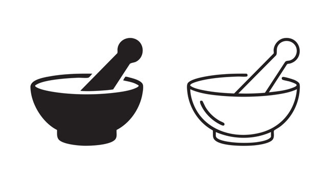 mortar and pestle icon set, simple outline design for culinary and herbal concepts