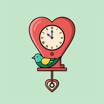 Cute heart shaped cuckoo clock with a bird illustration.