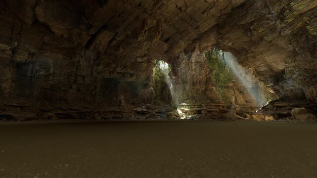 Golden shafts illuminate quiet cave interior at Waitomo Glowworm Caves, warm light filters through openings, hush of ancient rock, minimal movement