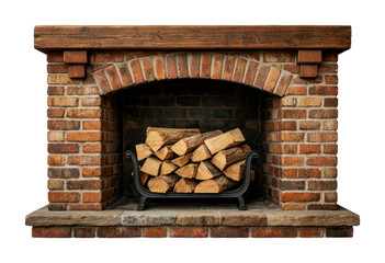 Fototapeta premium PNG Cozy brick fireplace with stacked firewood.