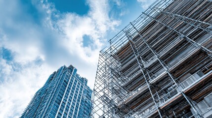 Fototapeta premium Scaffolding framing skyscraper against sky, wideangle view of steel pipes and reflective glass facade, bright daylight, urban contrast, copy space for headline, maintenance staging on exterior