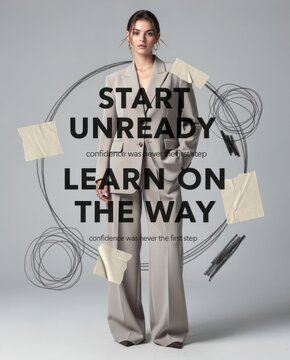 Professional woman in beige suit with motivational typography and creative sketch elements