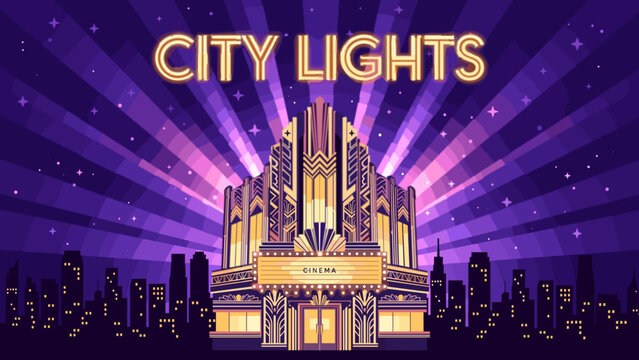 Stylized Art Deco cinema building with glowing neon text