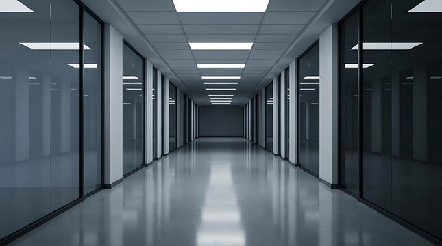A long minimalist office corridor with glass walls representing the concept of betriebsrisiko and potential business volatility in corporate environments