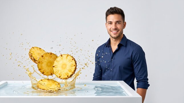 Smiling man with splashing pineapple slices in water, healthy food and tropical fruit concept.