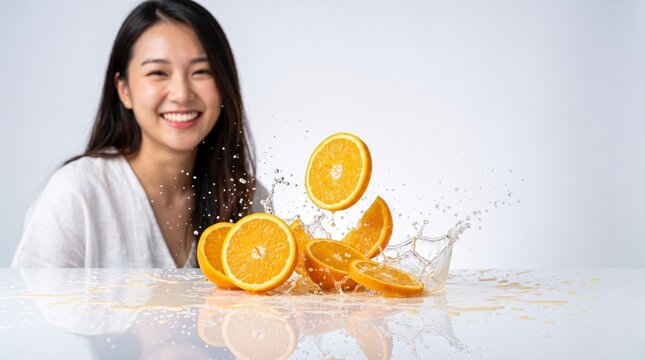 Smiling Asian woman with fresh orange slices and water splash on white background