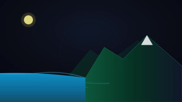 Stylized 2d landscape at night with mountains and glowing moon