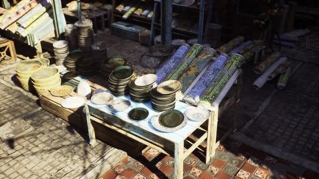 Morocco produce and spice stall table with baskets of vegetables, herbs and spices arranged in rows, sunlit textures and woven trays, bustling market energy