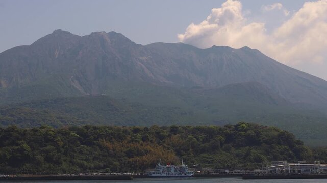 Sakurajima Volcano Island landscape, Japan, Kagoshima prefecture, Kyushu island region, island volcano and bay, Yunohira Observation Deck, ferry trip from Kagoshima, Kirishima-Kinkowan National Park 