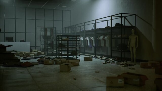 Cinematic closedstore set with mannequins on platforms, empty garment rails and stacked boxes, filmmaker role imagined scouting composition, dramatic
