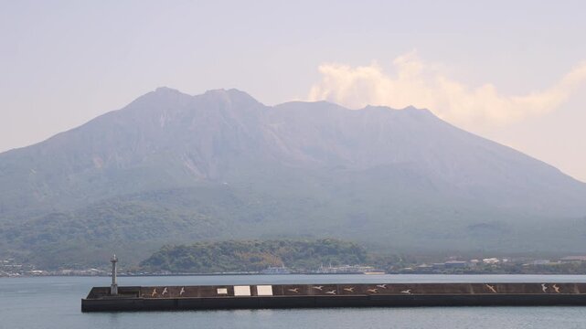 Sakurajima Volcano Island landscape, Japan, Kagoshima prefecture, Kyushu island region, island volcano and bay, Yunohira Observation Deck, ferry trip from Kagoshima, Kirishima-Kinkowan National Park 