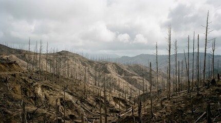 Obraz premium Burned forest landscape with charred trees after wildfire