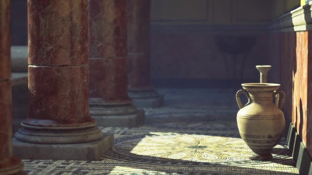Golden urn silhouette beside fluted column and sunlit mosaic, luminous rim light accentuating curved handle and earthen finish, calm historic ambience