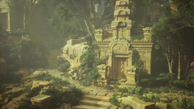 Hidden shrine entrance under dense canopy, shadowed doorway with carved lintel, scattered leaf litter and filtered light beams, heavy ritual atmosphere