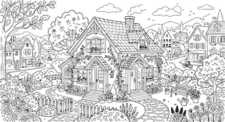 Fototapeta premium Vintage style engraving illustration of a grand country cottage house surrounded by dense overgrown gardens