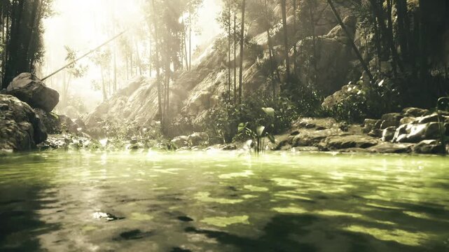 Quiet river with mosscovered stones. Calm shallow river ideal for kayaking activities. Peaceful wilderness river with mossy rocks and dawn hues