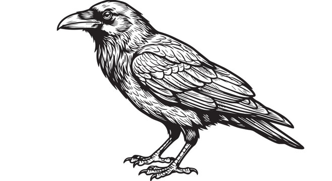 Detailed hand drawn ink sketch of a raven standing with illustration wildlife monochrome silhouette feathers