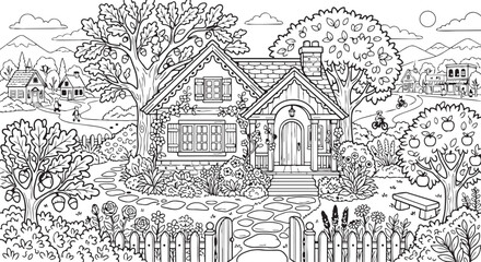 Obraz premium Charming cottage house with garden and trees landscape sketch landscape architecture building countryside exterior
