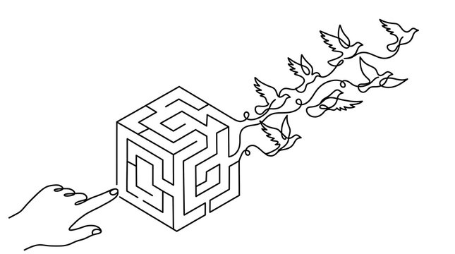Continuous line art of birds escaping cube maze with hand