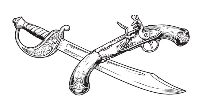 Vintage detailed illustration of crossed pirate cutlass and flintlock gun with flintlock historical engraving