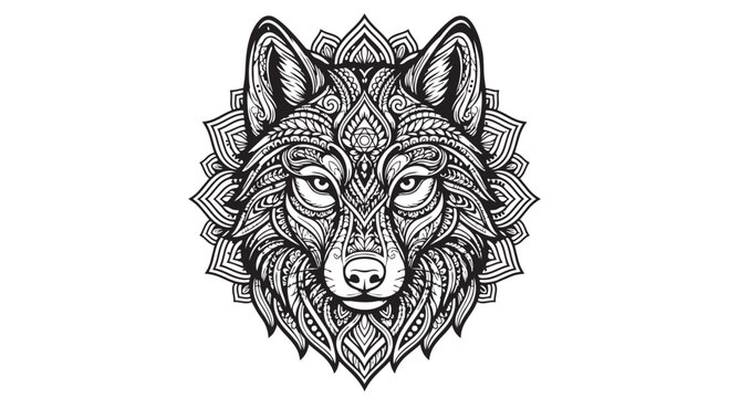 Intricate black and white mandala style wolf head illustration with ornamental illustration geometric decorative